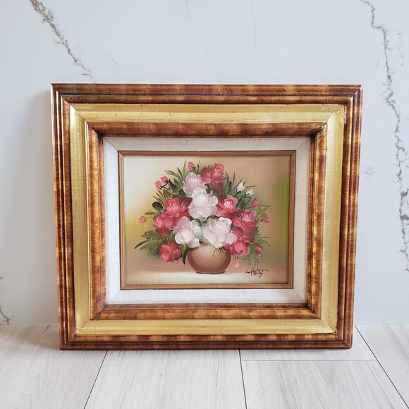 VTG Oil Painting Still Life Signed Artist 70s MCM Gold Wood Frame Floral Art